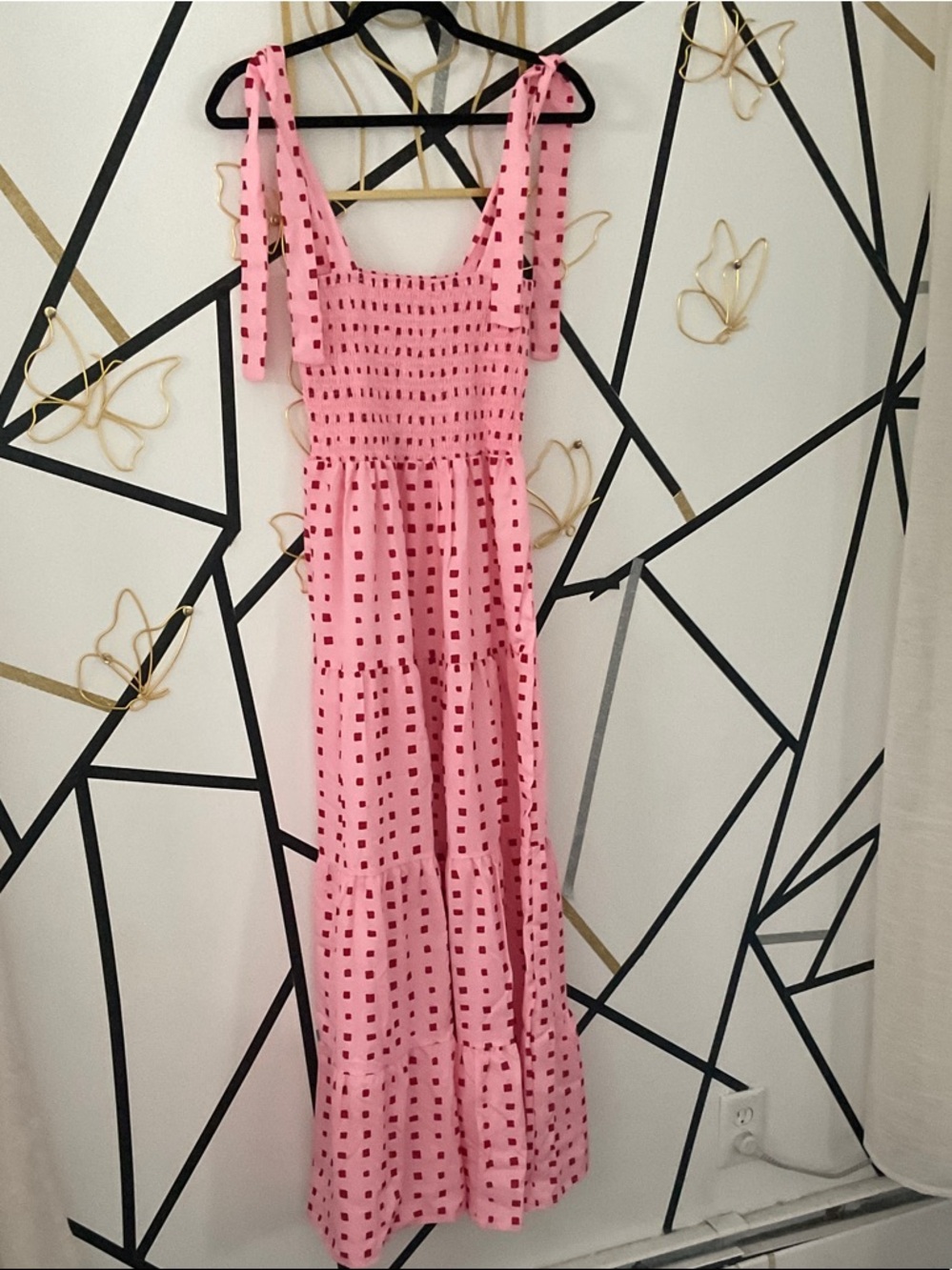 Pink Square-Print Maxi Dress with Tie Straps